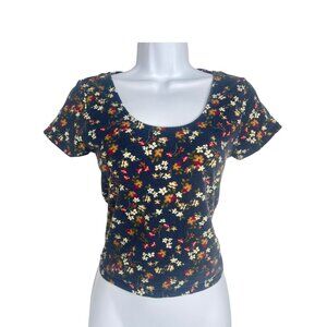 Prince and Fox Women’s Blue Floral Crop Top Tee Size L